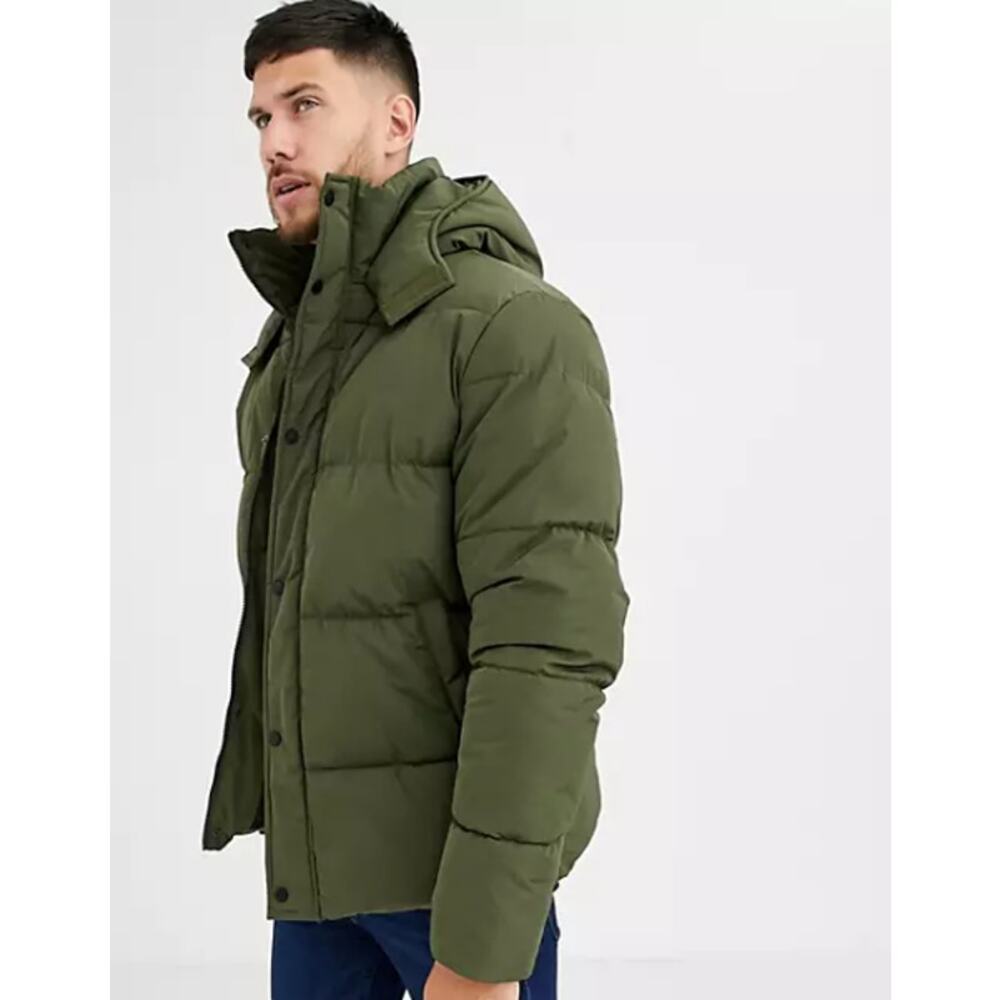 ASOS Recycled Detachable Hooded Puffer Coat, Size 2XS - Khaki Green Men's